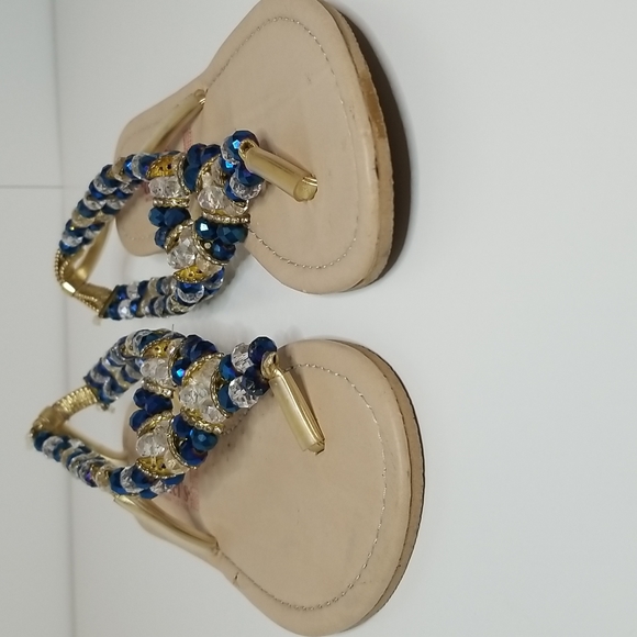 Sparkly Blue Beaded Rhinestone Flat Between The Toe Sandals Shoes Flats Indian - Picture 2 of 9